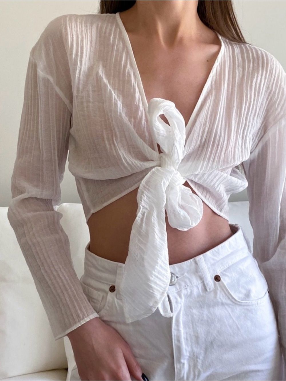 Zara Oversized Textured Sheer Long Sleeve Crop Tie Front Shirt. Size Medium